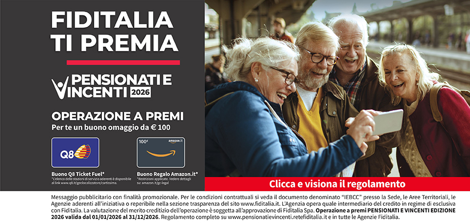 Agenzia Milo Umberto Fiditalia | Trieste, Udine | Fiditalia ti premia - Vicni un omaggio da €100. Operazione a premi. Clicca e visiona il regolamento. Operazione a premi PENSIONATI E VINCENTI 2025 valida dal 01/01/2025 al 31/12/2025. Regolamento completo www.pensionatievincenti.retefiditalia.it